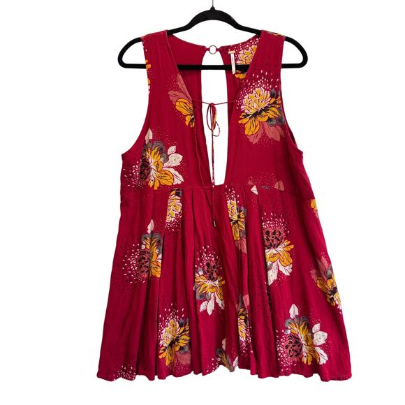 Free People Floral Sleeveless Dress M Red Yellow Boho Open Back Tie Festival - Picture 4 of 8